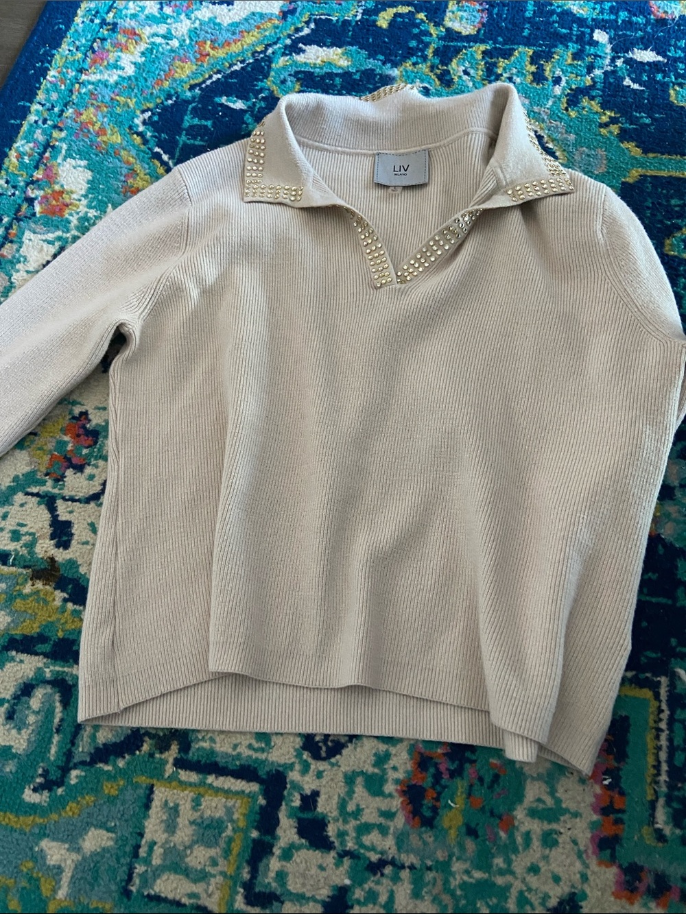 Liv Milano Cream Ribbed Sweater/ beautiful beaded collar